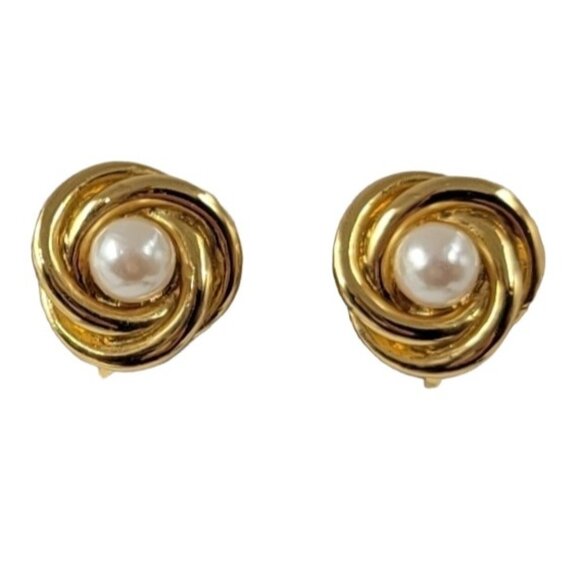 Trifari Gold Tone Faux Pearl Clip On Earrings, Signed - Picture 2 of 10